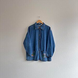 Vintage Embroidered Flower and Kitties Denim Chore Jacket - Large